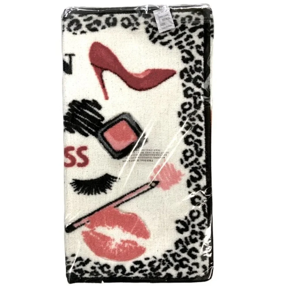 Fashion Girl Boss Animal Print Makeup Mat Rug 20 in X 32” White Pink Black Multi